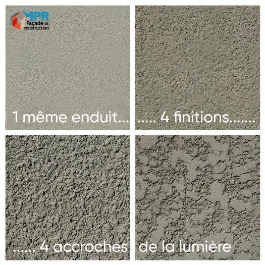 4 réactions à la lumière selon 4 finitions pour une même couleur d'enduit